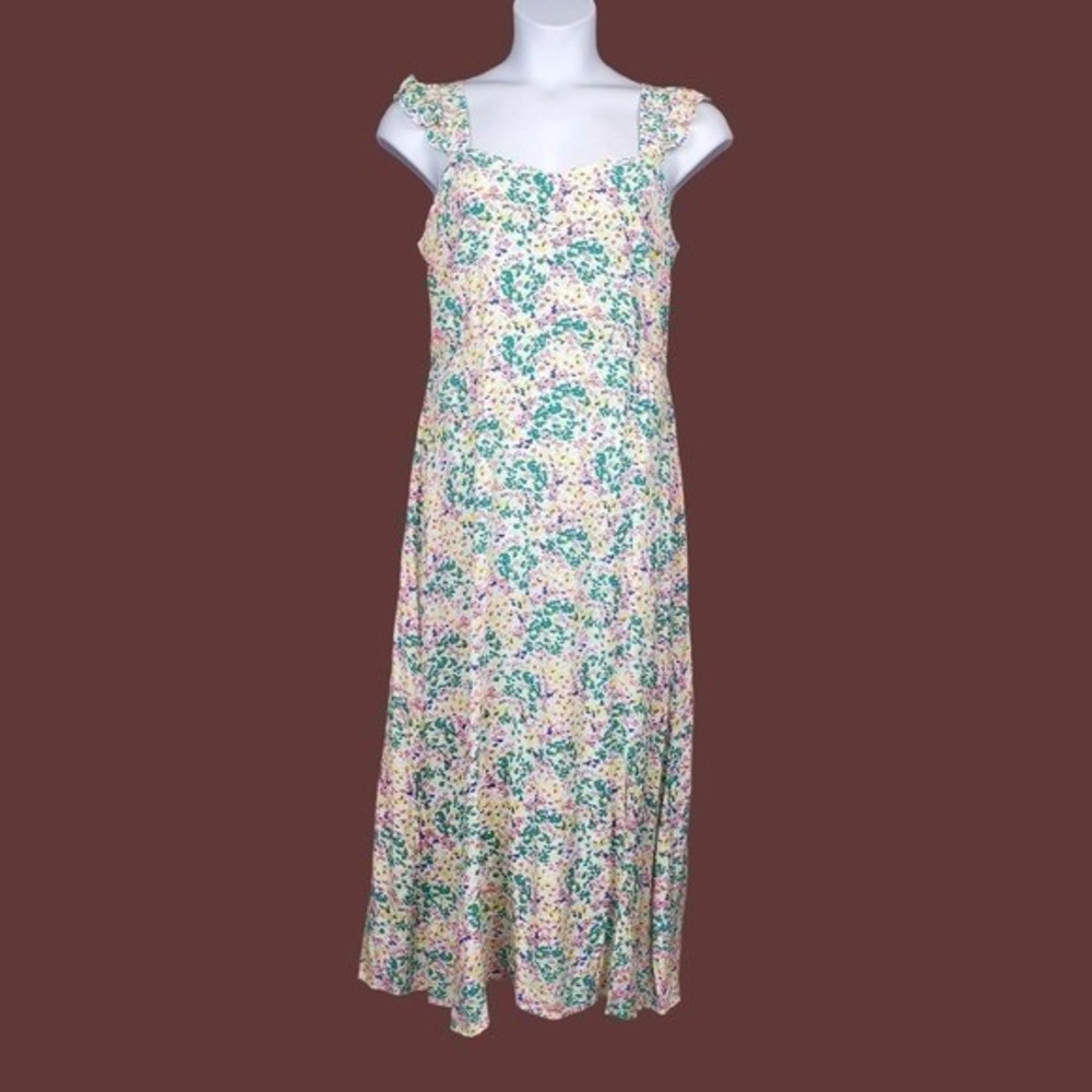 Loft Womens Sleeveless Multicolor Floral Print Ruffle Strap Midi Dress Size 10